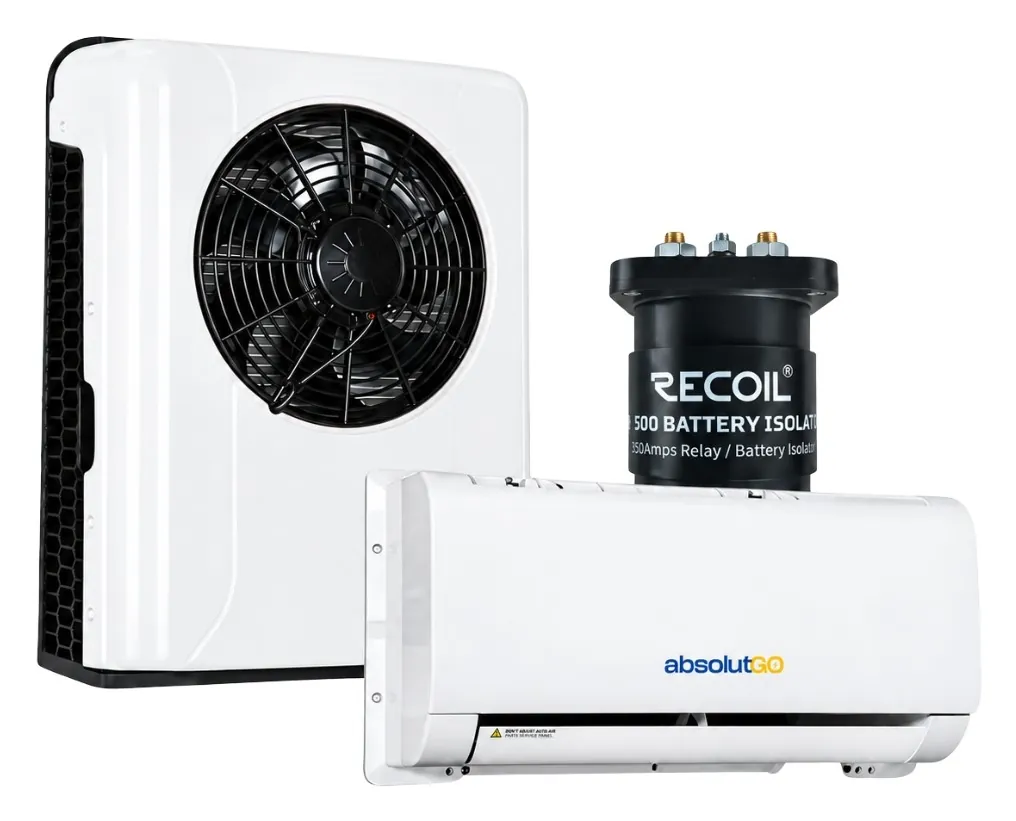 Aire Acondicionado 12V AbsolutGo: unidad externa, unidad interna tipo minisplit y aislador de baterías